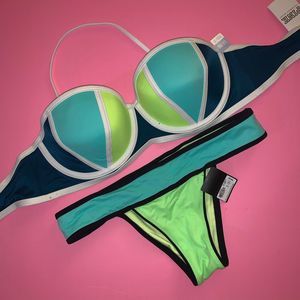 Victoria's Secret PINK L/DD 36DD BIKINI M TEAL NEON GREEN Seafoam colorblock